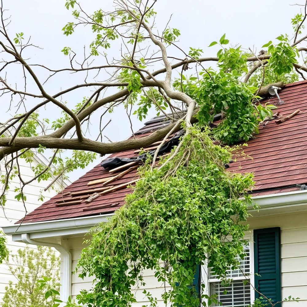 tree-on-roof a tree on a roof after a storm